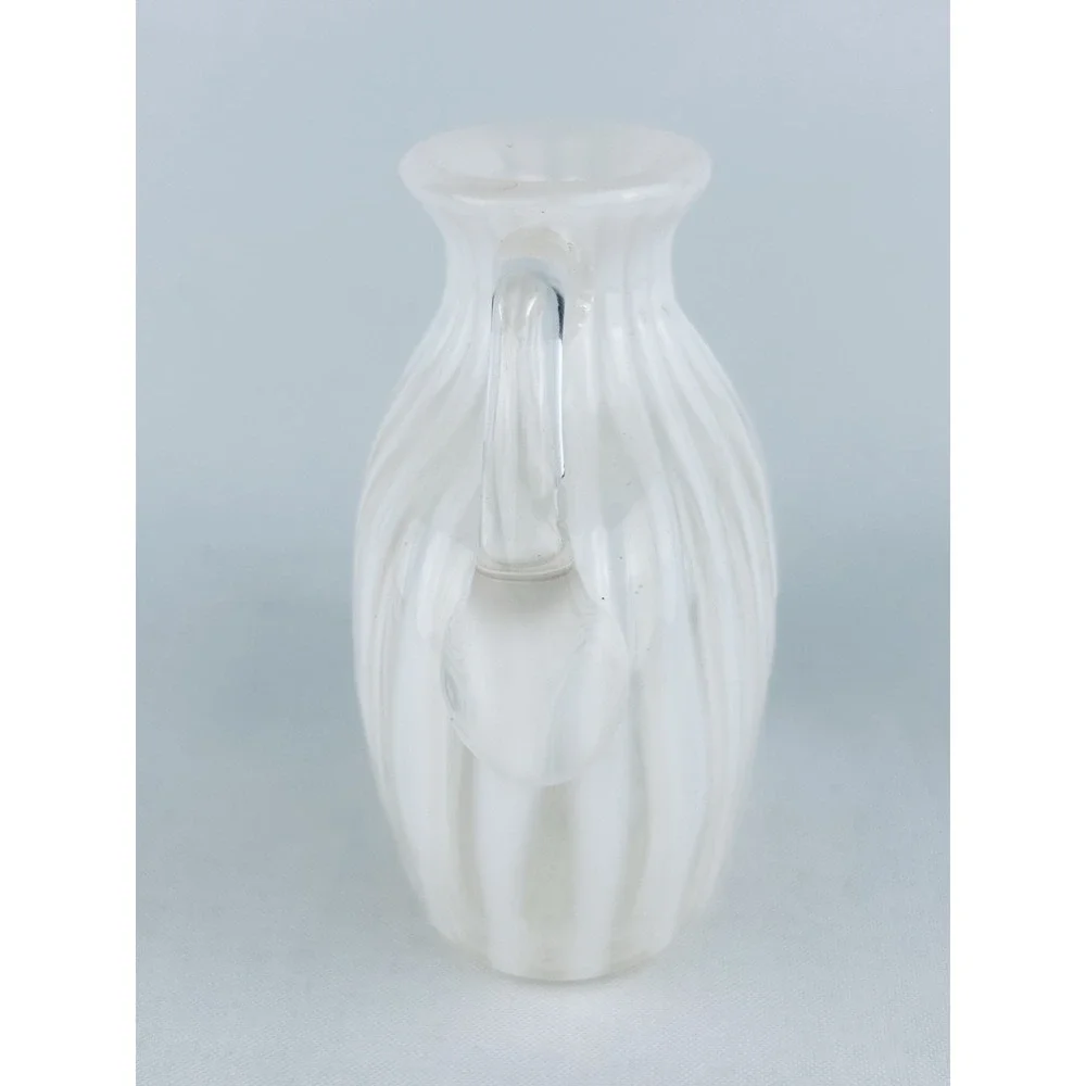 Vintage White Opalescent Swirl Glass Bottle Vase Pitcher Ribbon Hand Blown
